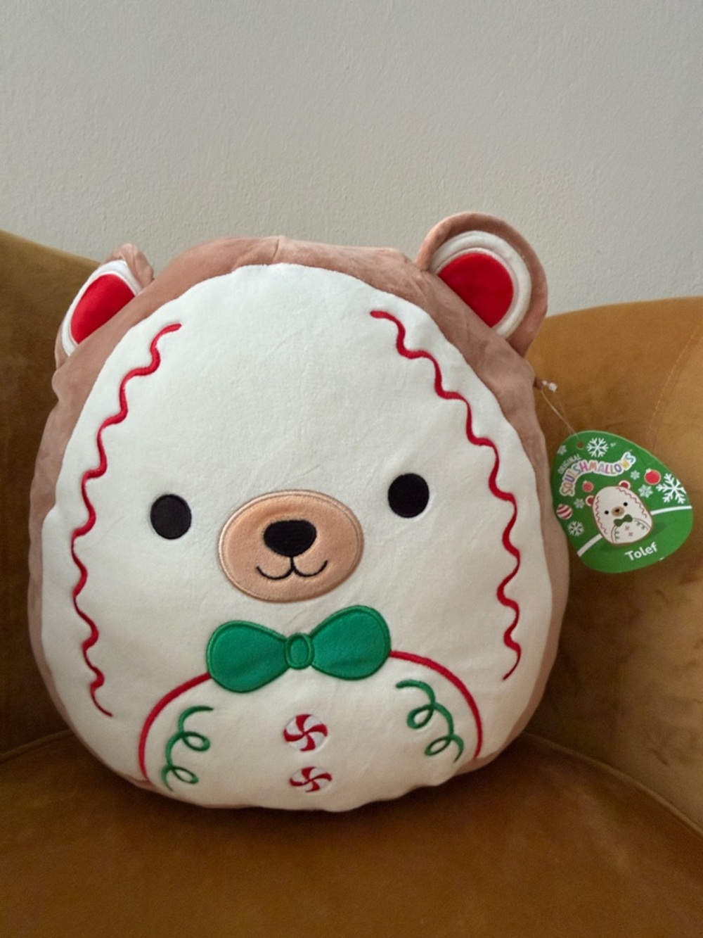 Squishmallows Brown & White Bear with Green Bow Plush